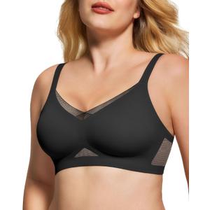 Womens Bra No Underwire Seamless Wireless Bra with Soft Support V Neck Mesh Bras Lace Bralette Everyday Bra (X-Large, Black+nude)