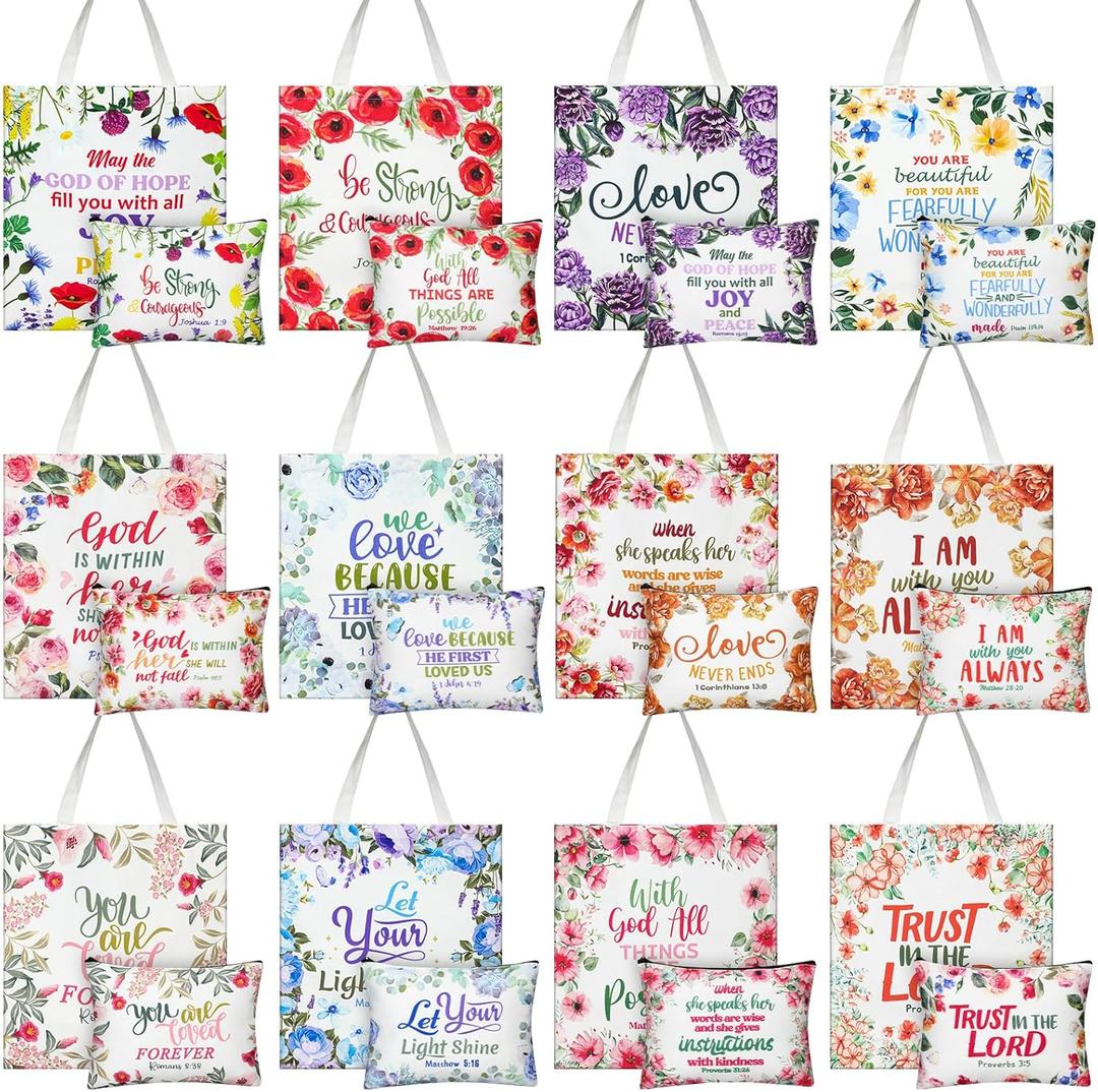 Huhumy 24 Pcs Christian Gifts for Women Bible Verse Makeup Bags Religious Reusable Tote Bags Employee Appreciation Gift Inspirational Canvas Tote Bulk Gifts for Friends Coworker Christmas
