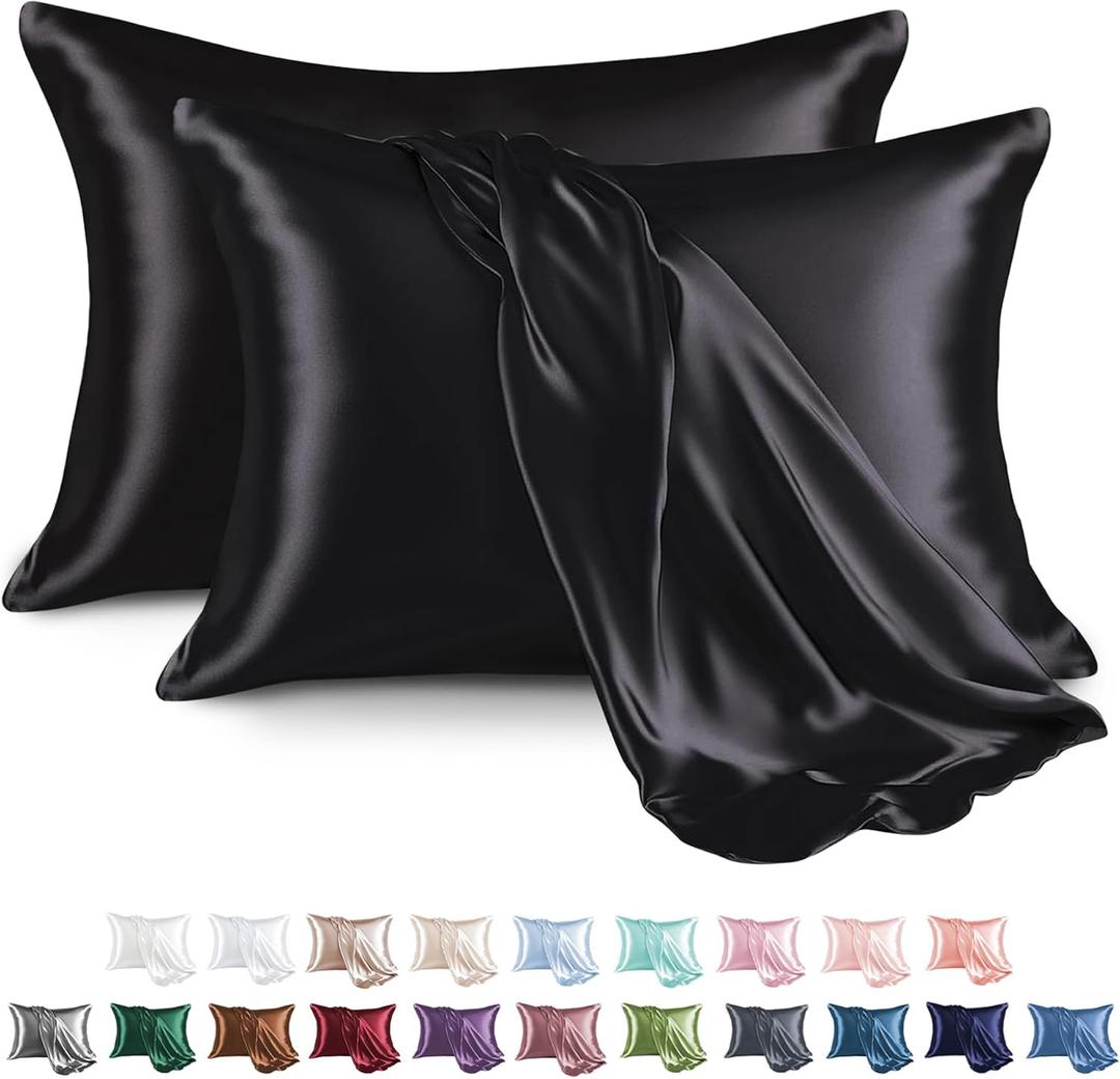 MR&HM Satin Pillowcase for Hair and Skin, Silk Satin Pillowcase 2 Pack, Standard Size Pillow Cases Set of 2, Silky Pillow Cover with Envelope Closure (20x26, Black)