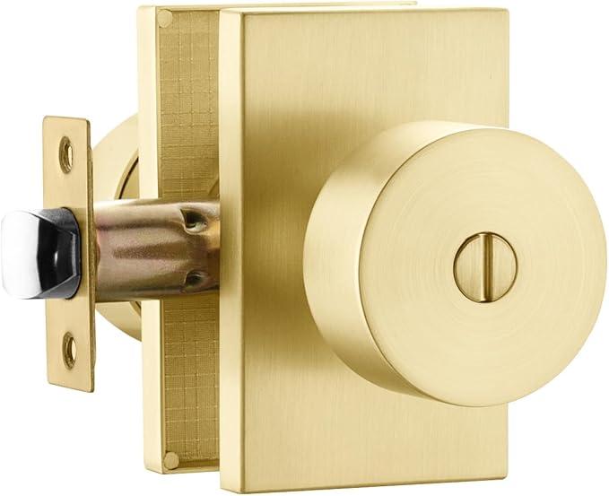 Gold Door Knob Interior, Zinc Alloy Brushed Gold Interior Door Knob Bedroom Bathroom, Heavy Duty Brushed Brass Door Lever, Modern Privacy Doorknob Bulk (1 Pack)
