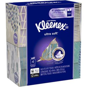 KLEENEX Ultra Soft Facial Tissue, 3-Ply, White, 8.2 inch x 8.4 inch, 75/Box, 4 Box/Pack - Packaging May Vary (Assorted color and style boxes),Pack of 4