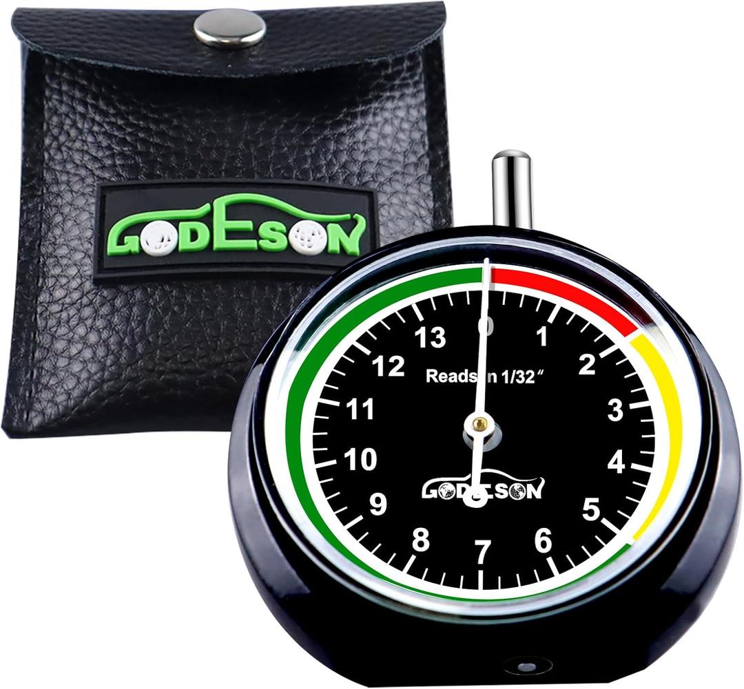 GODESON Tire Tread Depth Gauge,Dial Type Tire Depth Gauge in 32nds,Color-Coded and Easy Reading Tread Depth Gauge Professional for Motorcycle, Car,Truck and Bus,Black Paint Casing