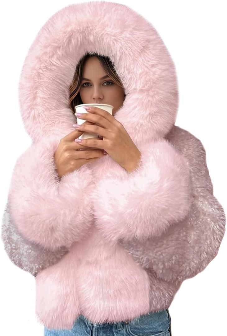 Wyeysyt Women's Faux Fur Coats with Hood Winter Warm Cropped Hoodie Jacket Long Sleeve Thick Short Outerwear with Pockets (Large, Lightpink)