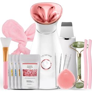Colorfarm Facial Steamer Nano Ionic: Face Steamer Home Spa Kit Deep Cleaning Unclogs Pores Sinuses Inhaler with 8 Skin Care Tools - Self Care Gifts for Women (Deep Cleansing Facial Kit) (Over 8 Pieces set, Set1- Rosy / Gold)