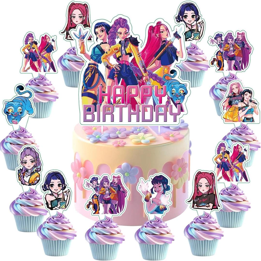 25Pcs Demon Movie Hunters Cake Decorations with 24pcs Cupcake Toppers, 1pcs Happy Birthday Cake Topper, Cartoon Themed Party Supplies, Perfect for Birthday Party Decorations