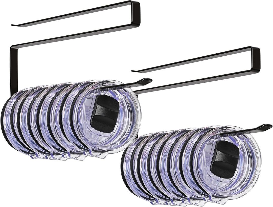 4 x Tumbler Lid Organizer 2 Pack Tumbler Lid Storage Hook Up to 20 Lids, Space Saving Cup Lid Holders Under Cabinet Tumbler Lid Hanger for Kitchen Storage, Horizontal Paper Towel Hanger (Black)