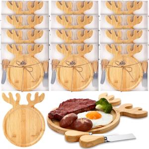 Teenyyou 12 Pcs Christmas Reindeer Cutting Boards Gift with Cheese Knives Bulk Xmas Charcuterie Board for Kitchen Wooden Bread Serving Tray Platters for Holiday Party Decoration (Bamboo Wood)