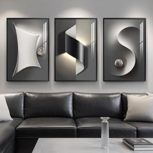 Framed Modern Black and White Abstract Wall Art for Living Room, Large 3 Piece Bright Style Silvery Artwork for Walls, Luxury Painting Prints for Dining Room Hallway Office Wall Decor, 24x36 In