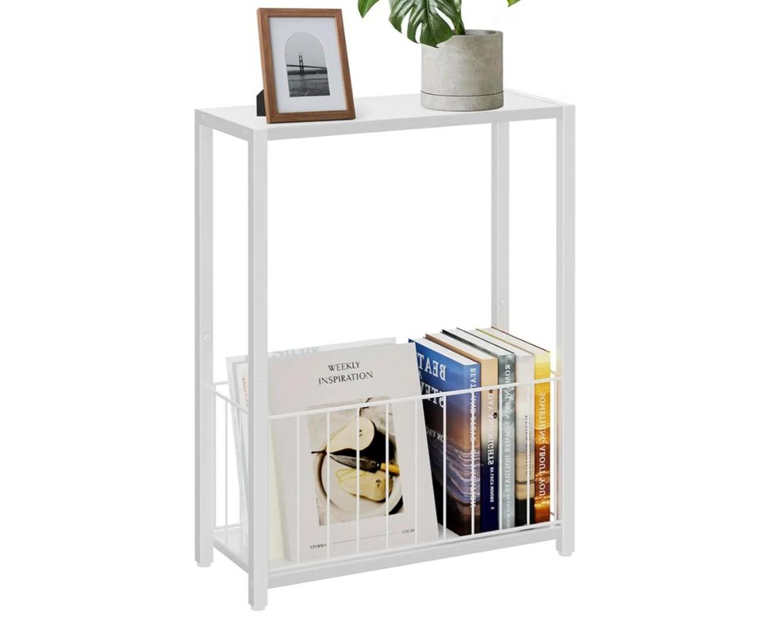 Narrow Side Table with Magazine Holder, Skinny End Table Perfect for Small Spaces, Space-Saving Design for Living Room, Bedroom, or Office, 7.1" D x 16.9" W x 23.6" H, White