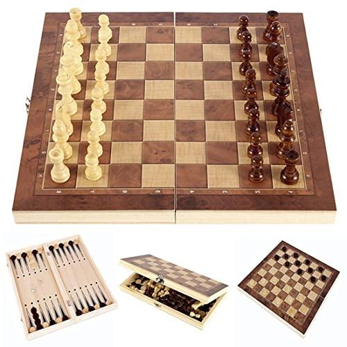 Chess Set,Folding Storage Wooden Chess Board Sets,17" Wooden Chess,3 in 1 Chess Board Game for Adults and Kids (Chess,Backgammon,Checkers)