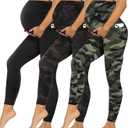 Happy.angel 3 Pack Maternity Leggings with Pockets Over The Belly, Womens Black Workout Yoga Pregnancy Pants Black/ Black Tie-dye/ Camouflage X-Large