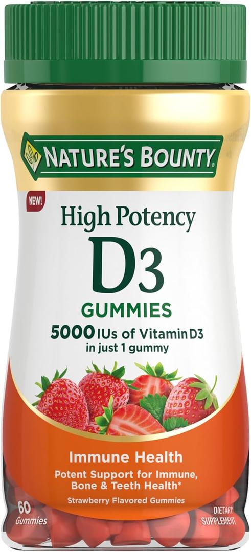 Nature’s Bounty Vitamin D 5000 IU Gummies, Vitamin D3 High Potency Immune Support & Bone Health Supplement, 5000 IU in 1 Gummy, Strawberry Flavor, 2 month Supply, 60 Vegetarian Gummies for Adults Exp 07/2026