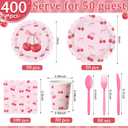 400 Pcs Cherry Birthday Party Decorations for 50 Guests, Red Pink Cherry Bow Scalloped Paper Plates Napkins Cups Cutlery for Pink Bow Coquette Baby Shower Bridal Shower Party Supply