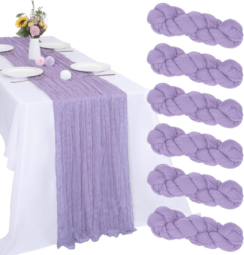 6 Pack Lavender Purple Cheesecloth Table Runner 10FT Boho Gauze Fabric Purple Table Runner 35 x 120 Inch Rustic Sheer for Spring Holiday Wedding Decor Baby Shower Party