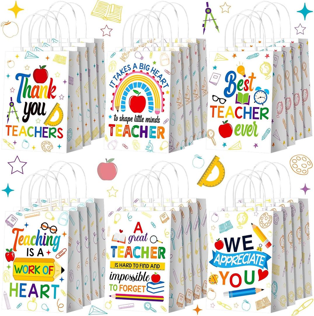 Kosiz 24 Pcs Teacher Appreciation Gift Bags Paper Thank You Teacher Party Favors Bags Pencil Ruler Apple Goodie Candy Treat Bag with Handles for Appreciation Week Party Decoration Supplies