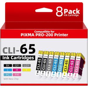 CLI-65 Ink Cartridges with Chip for PIXMA PRO 200 Printer | Replacement for Canon CLI-65 Ink Cartridge | Compatible with PIXMA PRO-200S Printer | 8 Color Pack (1BK, 1C, 1M, 1Y, 1PC, 1PM, 1GY, 1LGY)