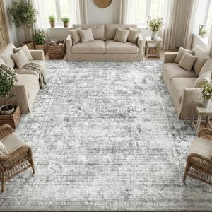 Homemate Washable Rug 9x12 Area Rugs - Vintage Faux Wool Rugs for Living Room Bedroom Dining Room - Non Slip Foldable Carpet Indoor Area Rug for Home Decor 9'x12', Grey