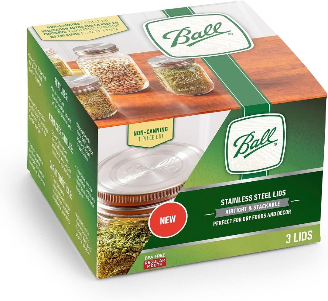 Ball Reusable Mason Jar Lids, Stainless Steel Storage Lids with Silicone Gaskets for an Airtight Seal, Regular Mouth, One Pack of 3, Silver