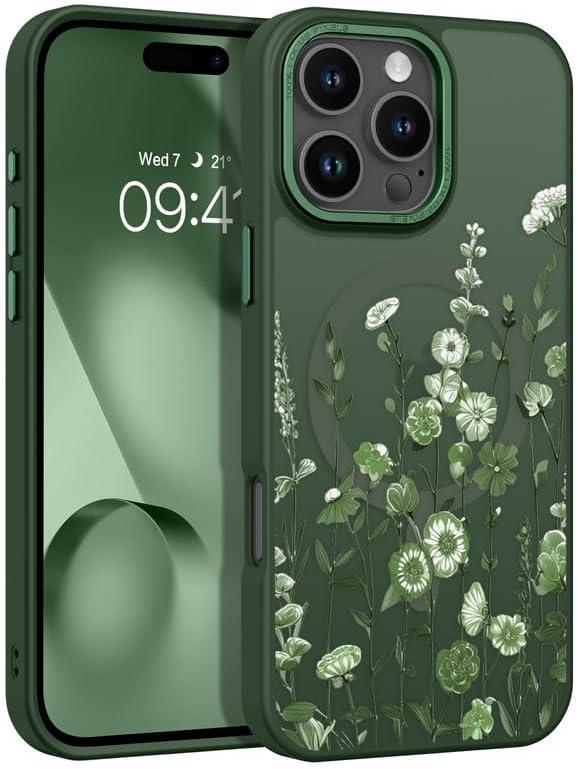 DOMAVER for iPhone 16 Pro Max Case, Magnetic Phone Case iPhone 16 Pro Max [Compatible with MagSafe] Slim Fit Flowers Floral Design Shockproof Protective Bumper Women Men Girls Boys Cover- Deep Green