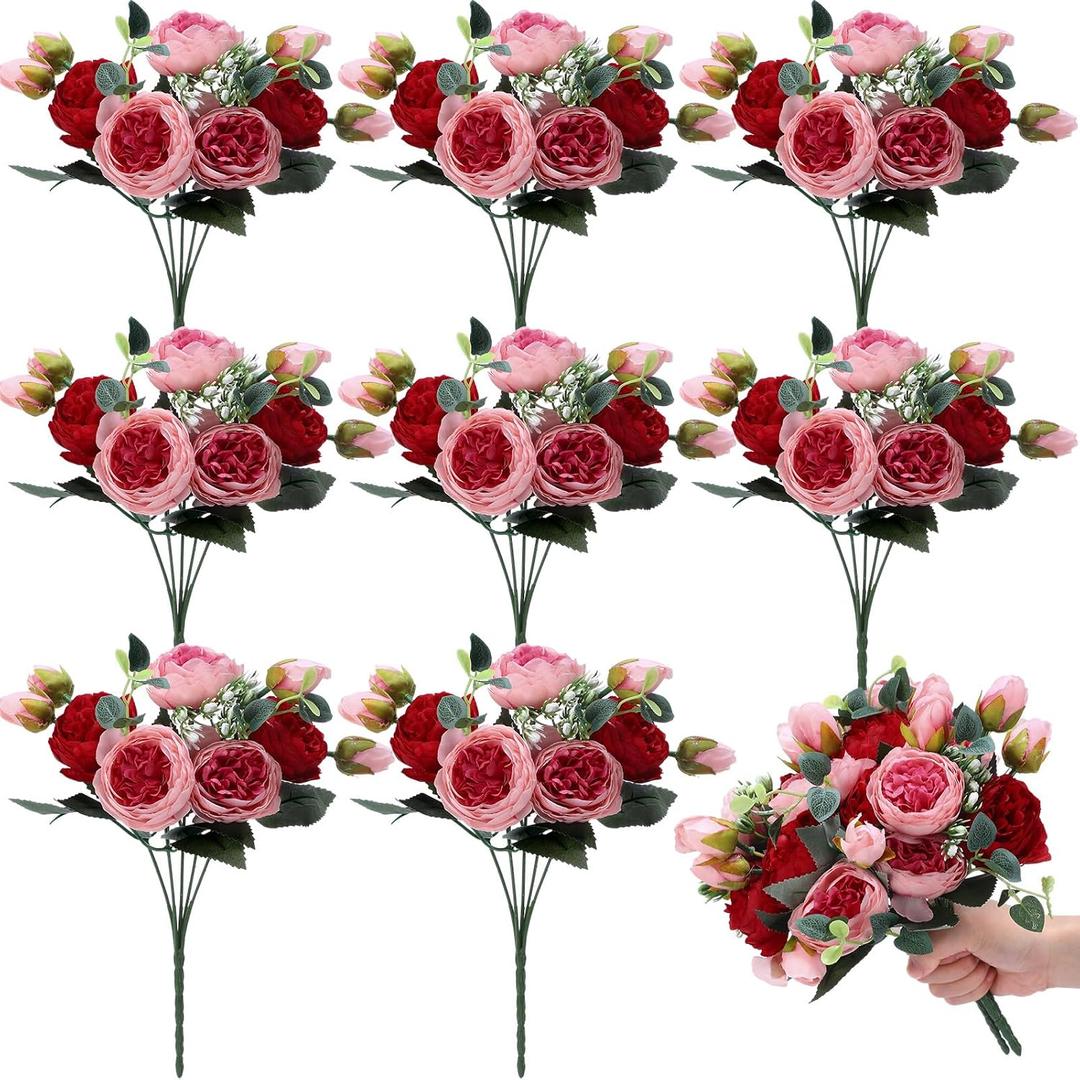 Yunsailing 8 Pack Artificial Peony Flowers Faux Silk Hydrangea Bouquet Wedding Home Table Decor Reusable Bouquet of Rose Flower for Birthday Wedding(Red and Pink)