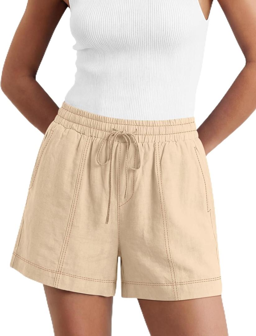 LOMON Women's Casual Linen Shorts Elastic Waisted Drawstring Summer Shorts with Pockets, Apricot Medium 
