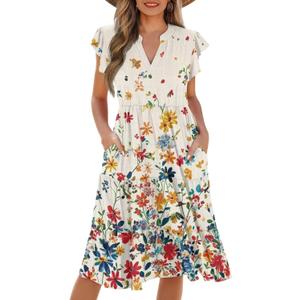 Women's Elegant Flowy Dress Casual Floral Sundress V-Neck Short Sleeve Dresses A-Lined Tiered Midi Dresses (Floral Butterfly Print, L)
