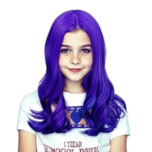 Wiggy Mermaid Long Purple Mixed Blue Wavy Wig for Kids Girls Toddlers, Middle Parting Heat Resistant Synthetic Hair Wig for Halloween Costume Party Cosplay