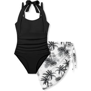 Girls Swimsuit Halter Neck One Piece Bathing Suit with Tropical Printed Cover Up Skirt Girls' Swimwear Set 7-18Y (Black)