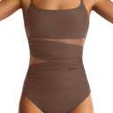 One Piece Swimsuit for Women Tummy Control Mesh Bathing Suits Sexy Push Up Swimsuits Slimming Square Neck Swimwear (Brown, XL)