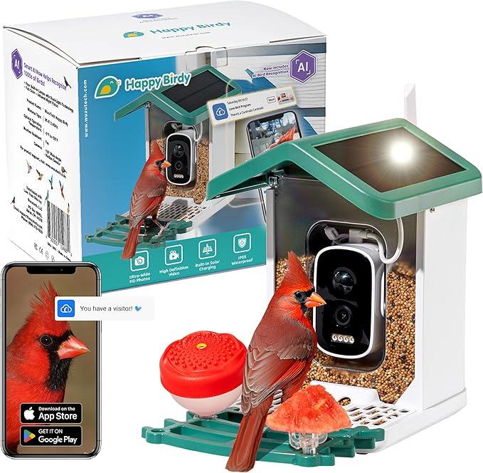 Happy Birdy Smart Bird Feeder with Camera  2.5K HD Video, Wild Bird Feeder with Wall Mount & Pole Strap Kit, Free AI App IDs 10K+ Birds, Solar Power Panels, Infrared Night Vision, Weatherproof IP67