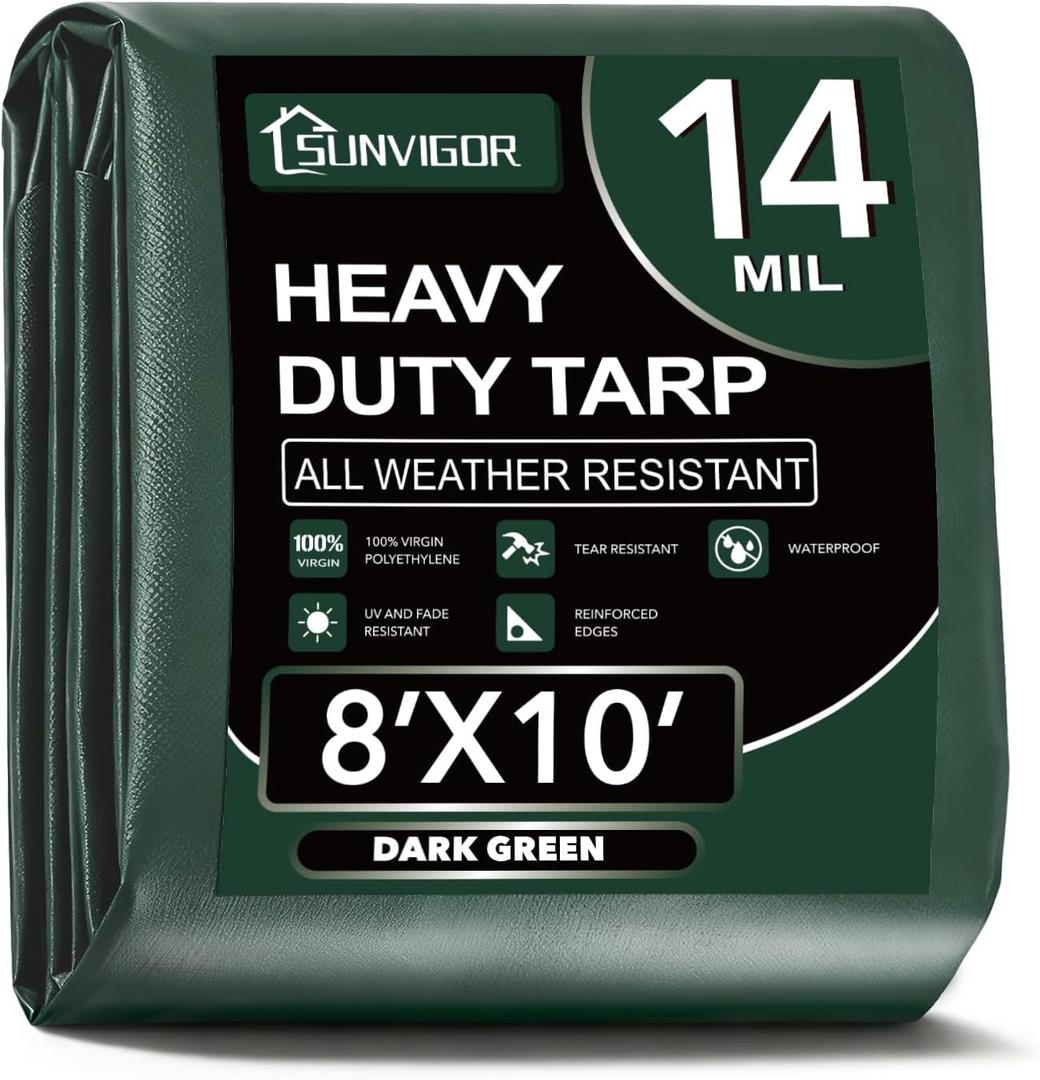 Sunvigor Tarp Waterproof 8x10Ft, Extra Thick 14 Mil Heavy Duty Tarp Cover, Tear & Fade Resistant, Outdoor Tarps with Brass Grommets and Reinforced Edges for Roof, Camping, Patio, Boat (Green)