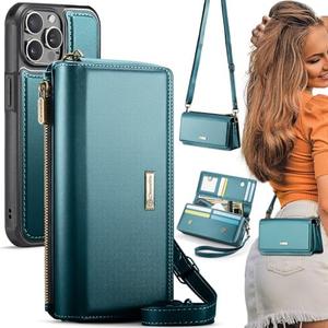 CaseMe 2-in-1 Detachable for iPhone 14 Pro Crossbody Wallet Case with RFID Blocking 10-Card Holder for Woman, PU Leather Wrist Strap Zipper Purse Wallet Phone Case for iPhone 14 Pro 6.1", Blue Green