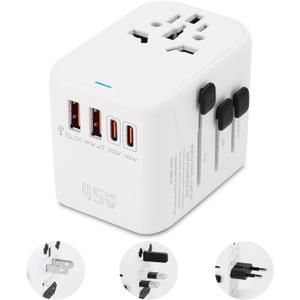 Aigostar 5-in-1 Universal Travel Adapter, GaN 45W Fast Charge International Plug Adapter with 2 Type-C & 2 USB-A Ports, Worldwide Power Adaptor Wall Charger for EU US UK AUS CHN JP Travel Business (White)