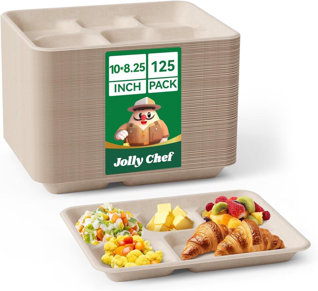 JOLLY CHEF Small Compostable 5 Compartment Paper Plates 10 * 8.25 * 1 inch 125 Pack Disposable Eco-Friendly Biodegradable Food Trays for Primary and Secondary School Students Lunch (Brown)