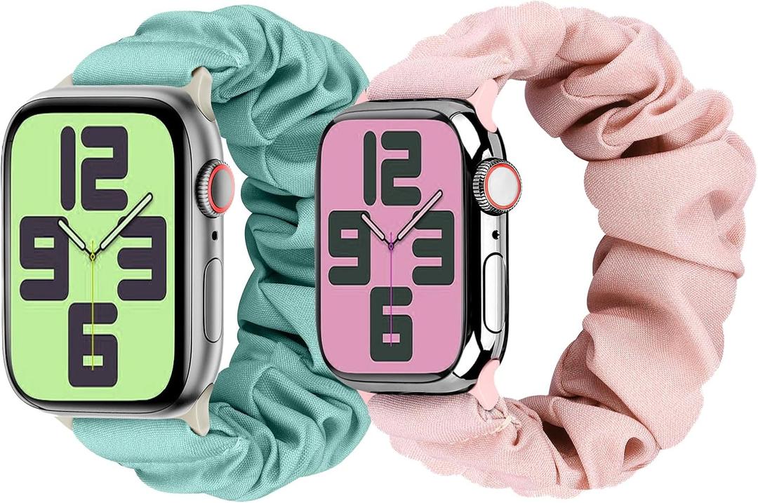 Scrunchie Band Compatible with Kids Apple Watch Band 38mm 40mm 41mm / 42mm 44mm 45mm 46mm 49mm,Cute Printed Elastic Solo Loop Bands for iWatch Series 10/9/8/7/6/5/4/3/SE/SE2/Ultra 2/Ultra (Pink+Green)