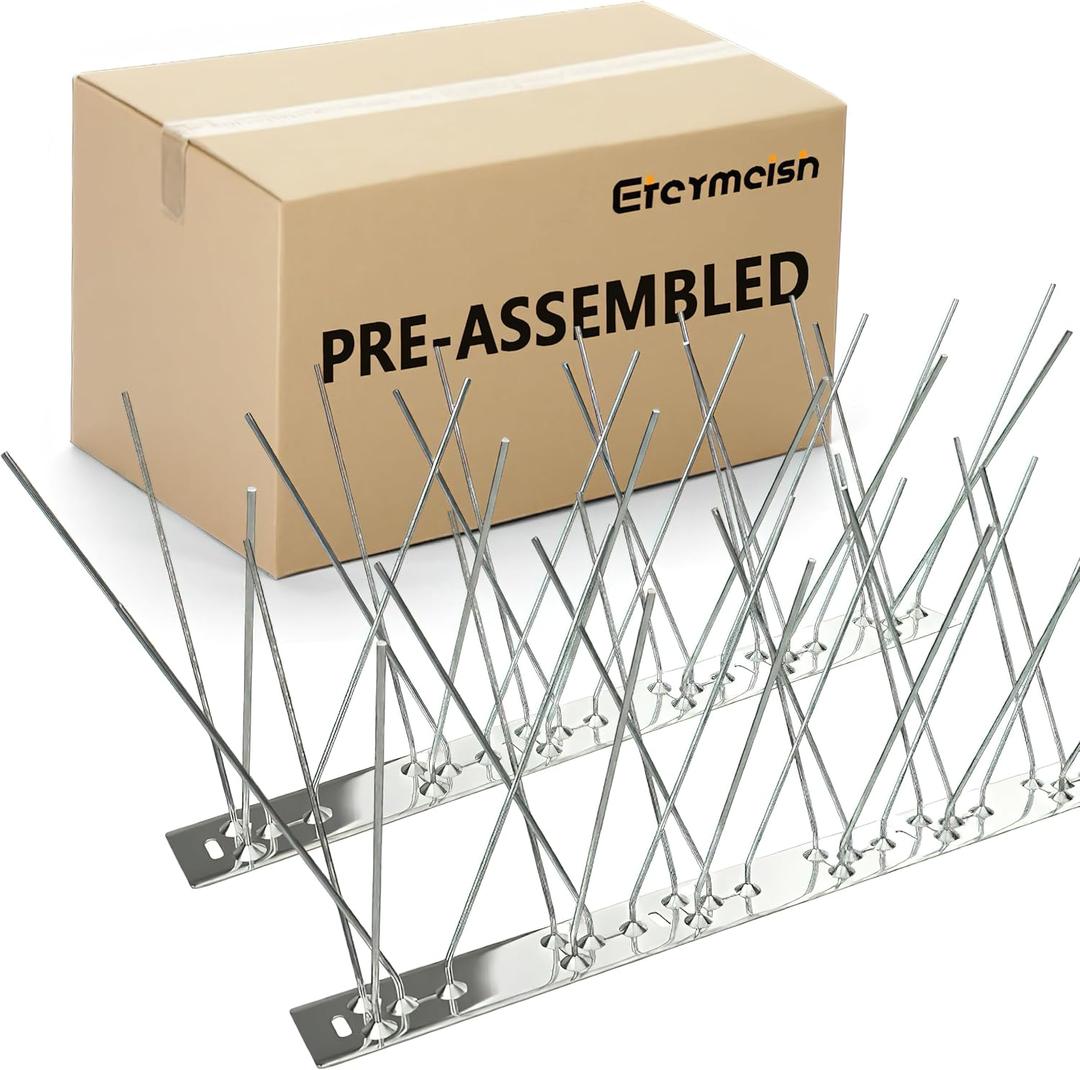 Stainless Steel Bird Spikes for Pigeons, Pre-Assembled, Anti Bird Deterrent Spikes for Woodpeckers, Squirrels, Raccoons Weatherproof Fence Spikes for Roof, Railing, Patio, 24.6 Feet