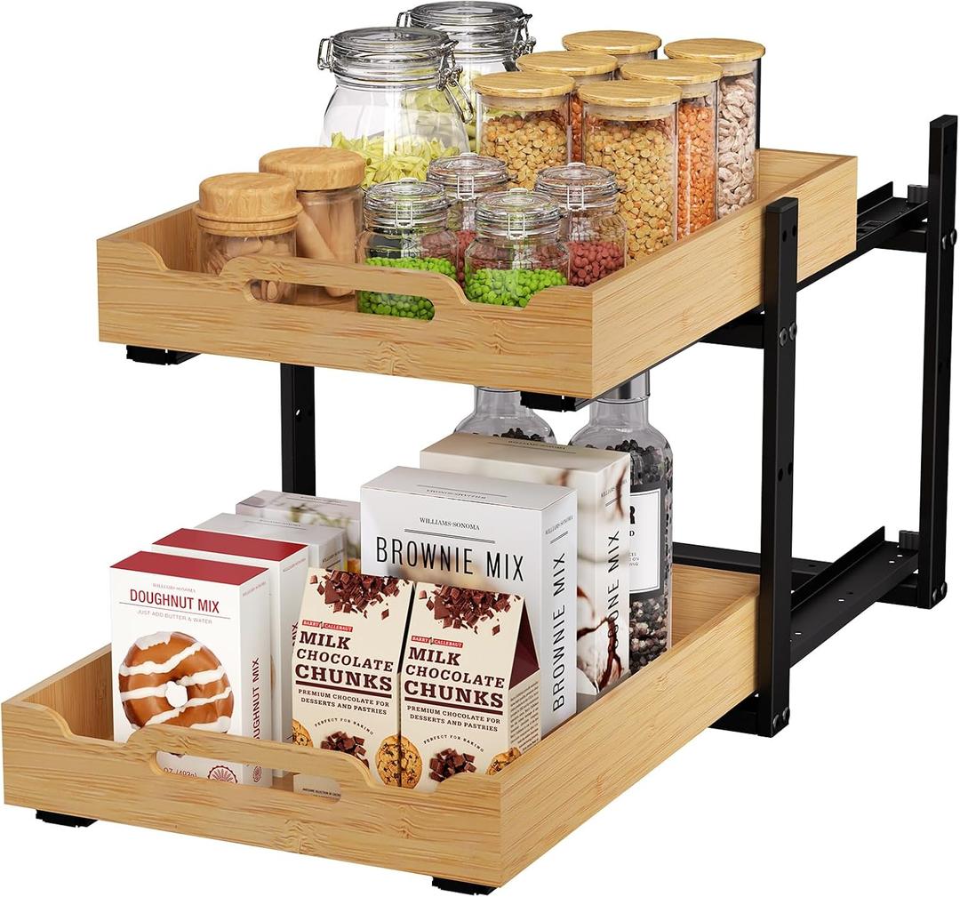 Golener Pull Out Cabinet Organizer - 2 Tiers Pull-Out Drawers for Kitchen Cabinets, 2 Slide Wood Home Storage Organizers, Slide Out Shelves for Base Cabinet Organization in Kitchen, Pantry, Bathroom