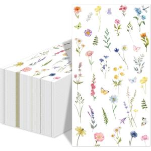 50pcs Wildflower Napkins - Disposable Floral Guest Napkins with Butterfly Decorative Paper Flowers - Perfect for Bathroom, Home, Kitchen, Wedding, Bridal, Baby Shower, Birthday & Tea Party Decorations