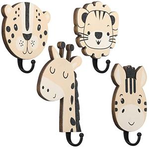 Qunclay 4 Pcs Safari Animal Wall Hooks for Kids, Wooden Jungle Baby Safari Nursery Decor Hooks, Cute Lion Zebra Giraffe Hanger for Childs Nursery Bathroom Bedroom Home Decor