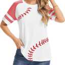 Womens Baseball Mom Tee Summer Short Sleeve Crewneck Baseball Print Patchwork Raglan Tops (White, L)