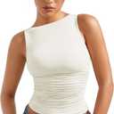 SUUKSESS Women Double Lined Going Out Basic Tank Tops Ruched Summer T Shirts, Medium, 02 White