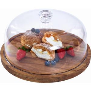 Cake Stand with Lid, Acacia Wood 12in Round Cake Holder, 2-in-1 Dessert Table Display Set & Charcuterie Board for Cheese, Chips & Dips, Nachos, Fruit Platter, Large Acrylic Cake Dome Cover