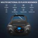 Portable CD Player Boombox with FM Radio, Top Loading CD Stereo Boom Box for Home, Bluetooth, Remote Control, LED Light, Headphone/Mic Jack, Support CD-R/RW/MP3-CD, USB, LCD Display, Black