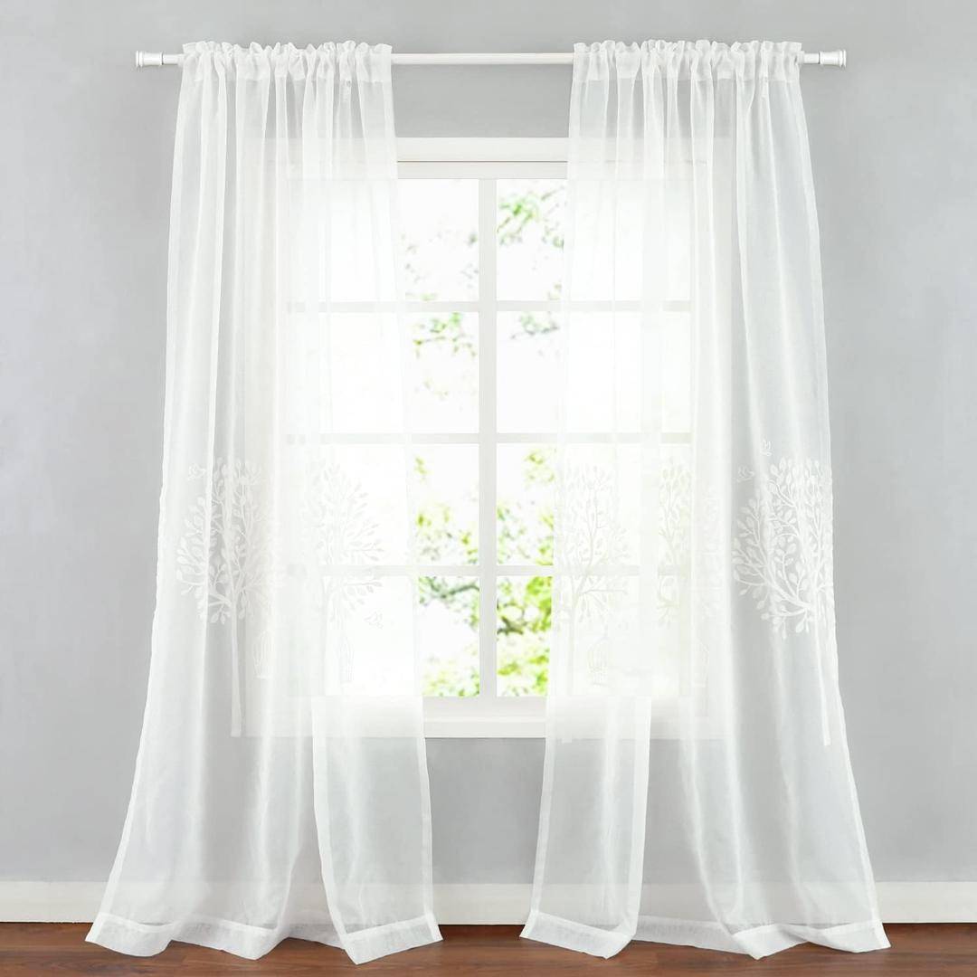 VOGOL White Sheer Curtains for Living Room, Trees Embroidered Voile Curtain Panels for Dining Room, Rod Pocket Window Treatment 96 Inches Long, 2 Pieces