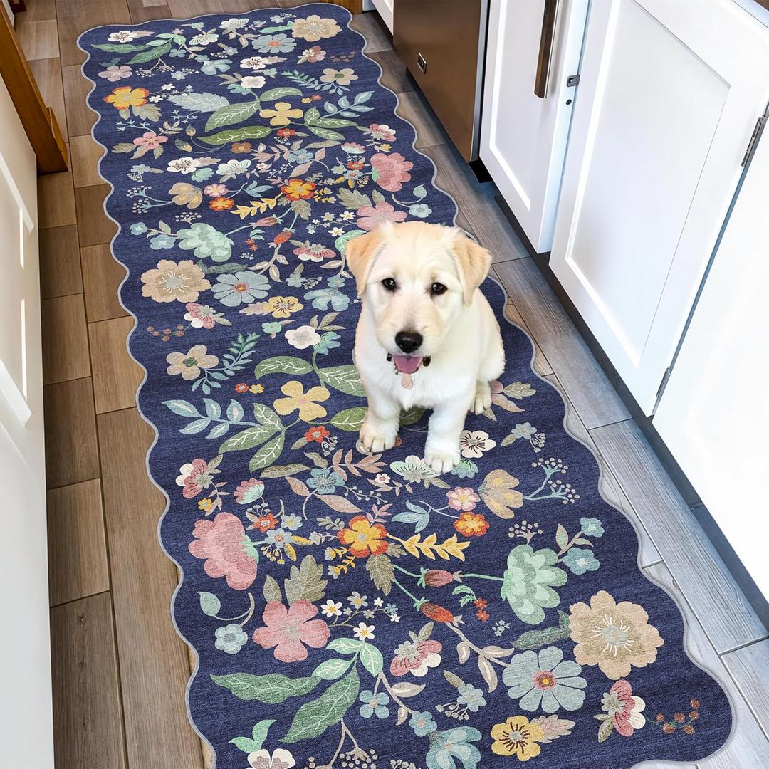 2x6 Hallway Floral Rug Runner: Washable Non Slip Low Pile Area Rug for Kitchen Front Door Soft Water Resistant Carpet for Bathroom Light Weight Durable Floor Mat for Bedroom Nursery(2x6/Blue/Purple)