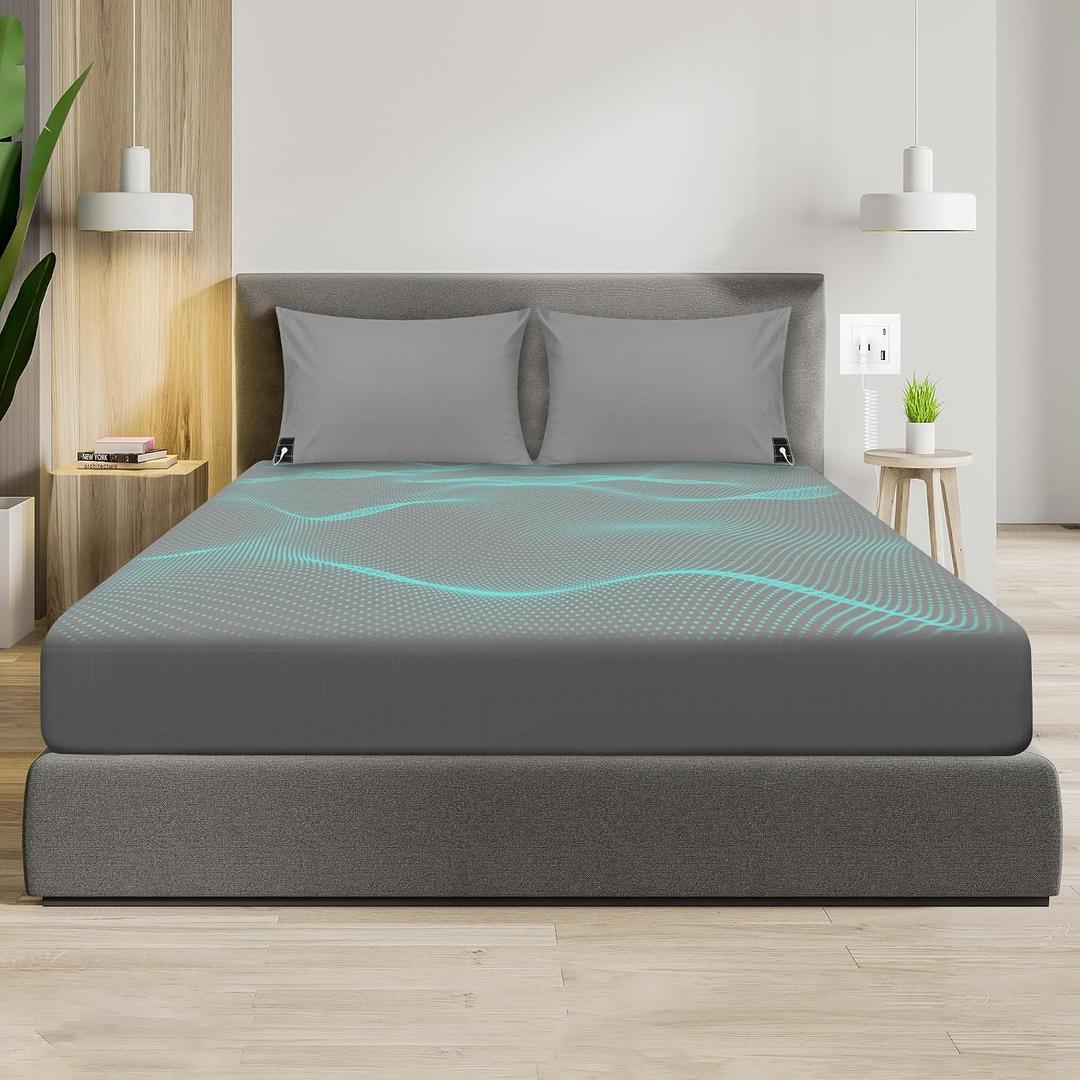 RIQINXIN Conductive Grounding Fitted Sheet Silver Fiber Grounding Bottom Sheet with 15ft Grounding Cable Grounding Fitted Bed Sheet for Better Sleep 54x80x10in Full Grey