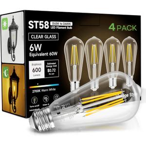 Dusk to Dawn Light Bulbs, 6W Equivalent 60W, Soft White 2700K, E26 Base, Light Sensing, ST58 Vintage Style, 600LM, Outdoor Edison Bulbs, Automatic Light Bulbs for Porch Patio Garage, 4 Pack