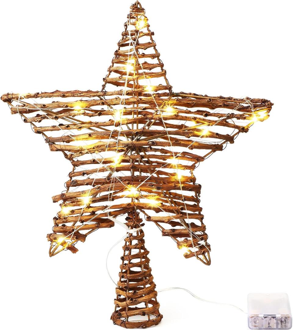 Threan Christmas Rattan Star Treetop, 14 Inch Burlap Rattan Star Tree Topper with Warm Lights Rustic Xmas Treetop Decoration for Christmas Tree Ornament Home Party Indoor(10 Lights)
