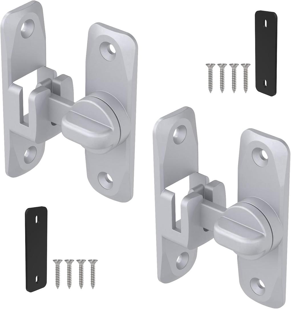 90/180 Degree Sliding Barn Door Lock and Latches, Silver, 2 PCS | Sturdy Aluminum Alloy, Proof Door Lock for Inside Barn Door, Screen Door, Bathroom, Closet, Cabinet, Screws & Spacer Included