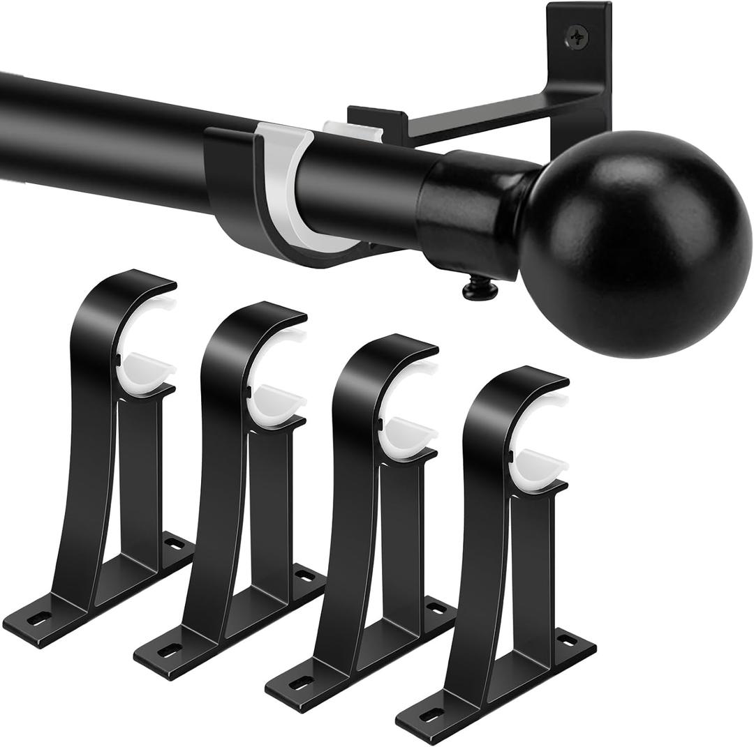 KOLAKO 4 Pack Curtain Rod Bracket, Heavy Duty Curtain Rod Holders Single Decorative Rod Hooks Hanger for 1 Inch Drapes Rod, Black